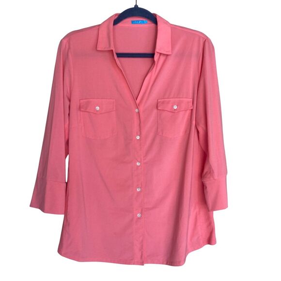 J. McLaughlin Brynn Lyford Jersey Shirt Sz XL Coral Pink Coastal Chic Resort - Picture 1 of 6